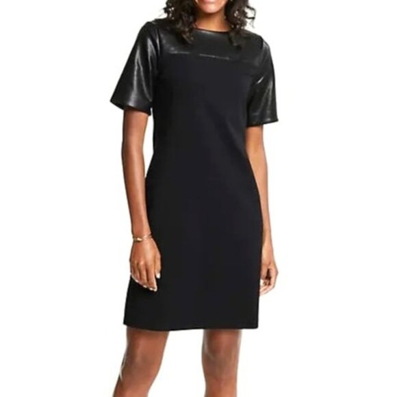 Ann Taylor Black Faux-Leather Short Sleeves Ponte Knit Shift Dress Size 12 - Picture 1 of 7